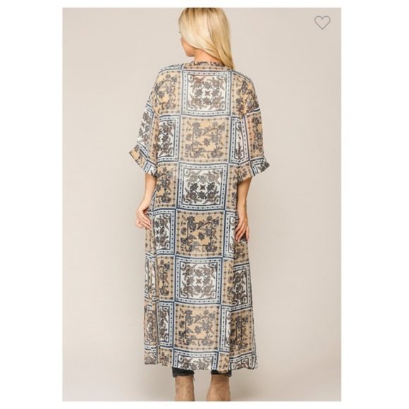 Boho Windowpane Floral Print Long Kimono w/Pockets - Picture 6 of 10